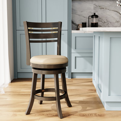 Tabouret de 24 po de hauteur comptoir avec dossier à lattes et mécanisme pivotant, gris patiné, cuir gris français