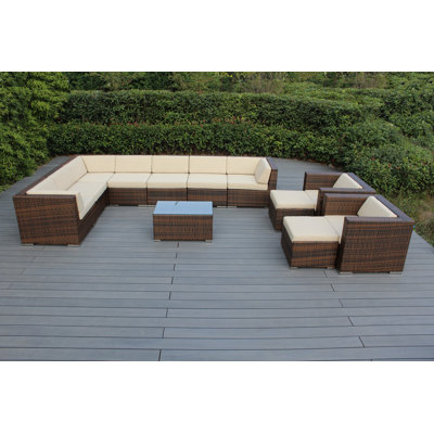 Ensemble de conversation en osier 8 personnes avec coussins Konen Wicker