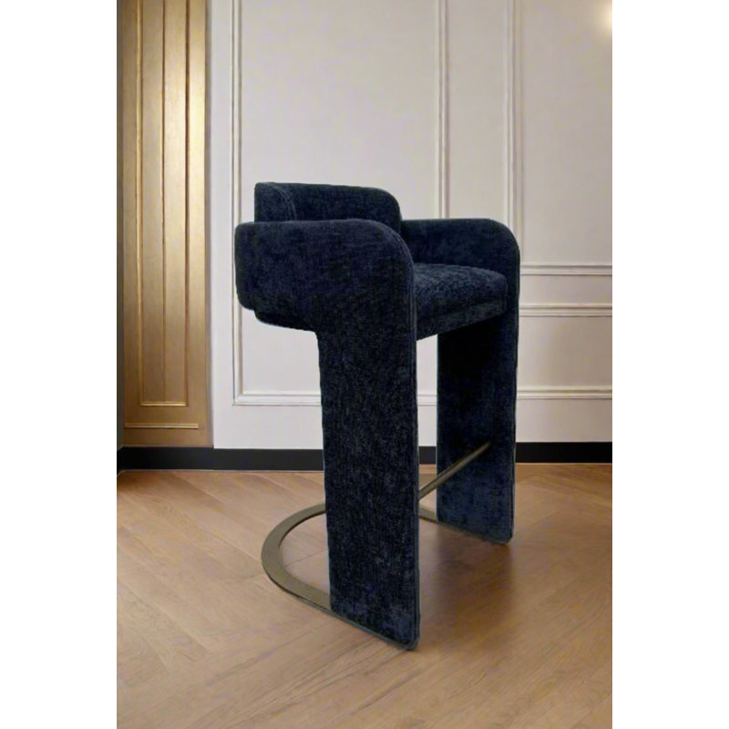 Tryphosa Upholstered Stool with Backrest, Footrest, and Sculptural Metal Base – Modern Luxury Counter Seating, Blue