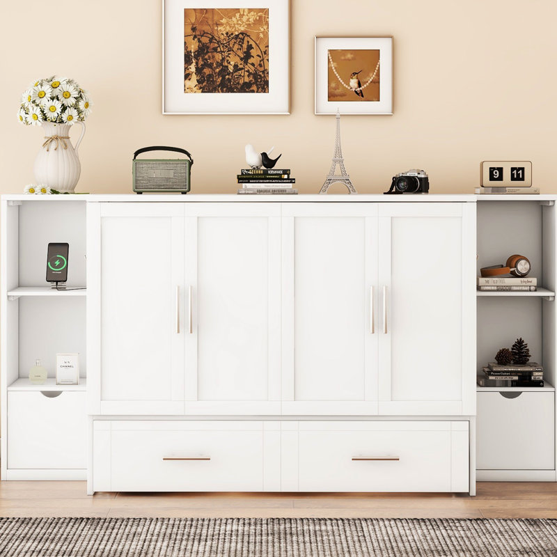 Lit blanc avec tablettes pratiques, tiroirs et grand lit polyvalent, Blanc, Grand lit