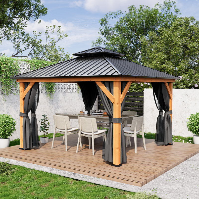 Solid Wooden Patio Gazebo with Double Roof, Netting and Curtains, Brown, 13' W x 11' H, Natural Wood