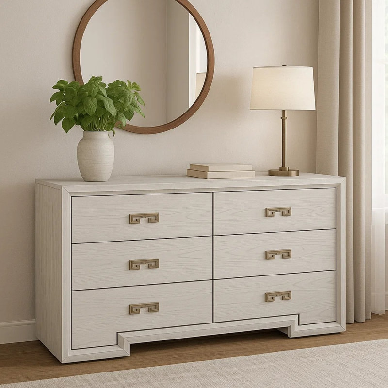 Commode large 6 tiroirs Basil, bois massif blanc rustique, doublure en cèdre