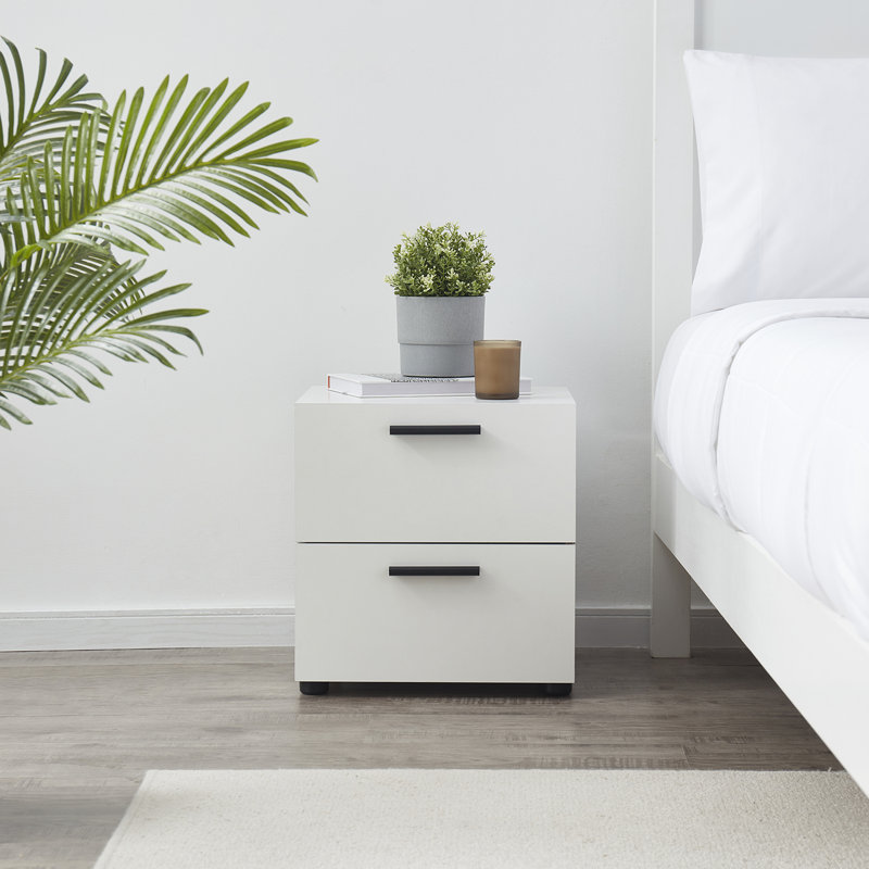White Chipboard 2-Drawer Nightstand with Black Handles