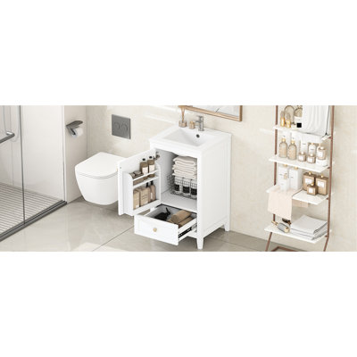 Meuble-lavabo blanc de 50 cm avec lavabo, porte à fermeture amortie, tablette de rangement, tiroir, haute qualité, fini peint, autoportant, lavabo simple encastré sous plan 50 cm, porte en céramique colorée.