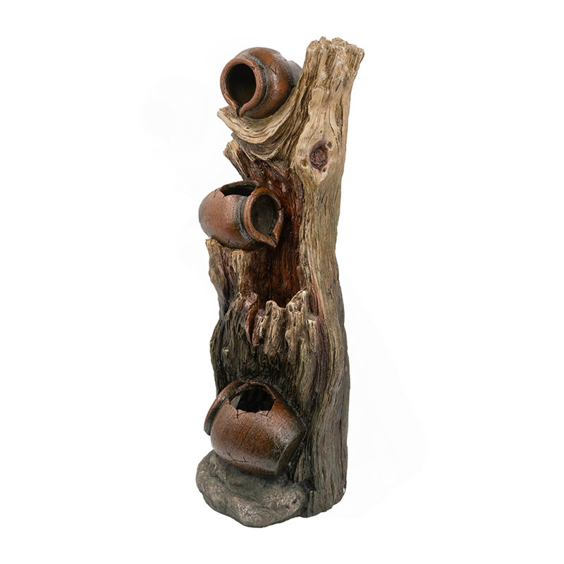 Decorative 3-Tier Tree Trunk Fountain with 3 LED Lights - 12.4" x 11.6" x 37.8" - Brown