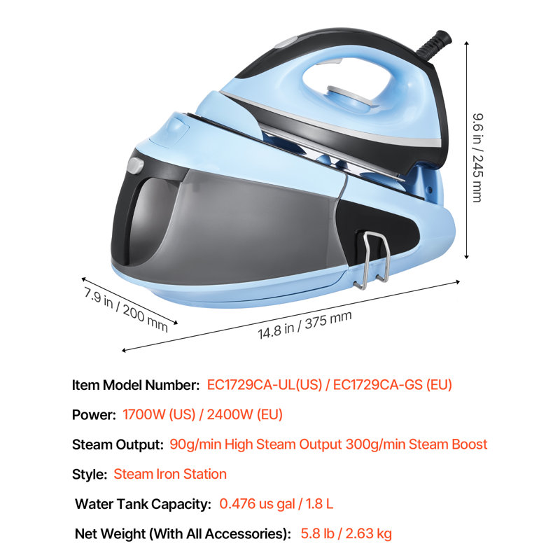 Steam Station 1700W Steam Iron for Clothes with 1.8L Water Tank for Home