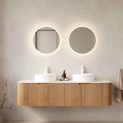 60" Bathroom Vanity with Sinks, Wall-Mounted Floating Curved Edges Striped Bathroom Storage Cabinet with 2 Drawers, 2 White Round Ceramic Basins, NO Faucet, Pre-assembled