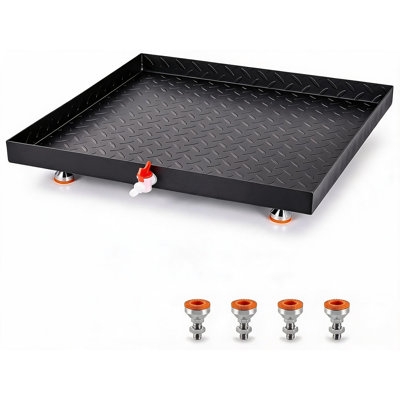 Washing Machine Drain Pan with Adjustable Non-Slip Feet & Drain Valve, Heavy-Duty Carbon Steel Floor Protector for Washer, Dryer & Refrigerator — 24x24", 27x25", 28x30"
