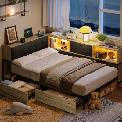 Twin Size Corner Platform Bed Frame With Bookcase Storage, Led Lights & Charging Station, Light Oak