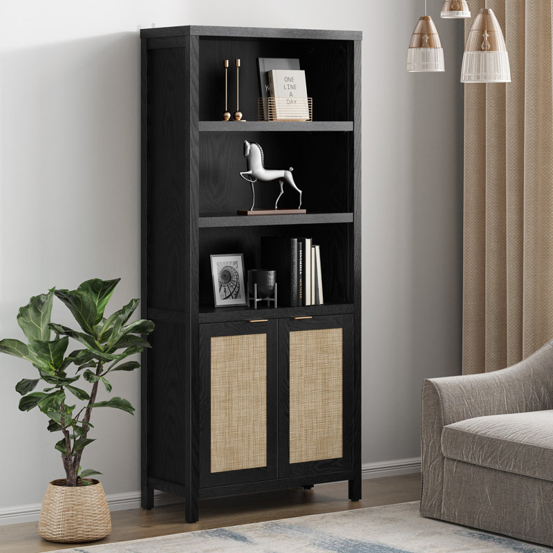 Bibliothèque en rotin d'inspiration bohémienne avec armoire de rangement et tablettes réglables, Noir, 1