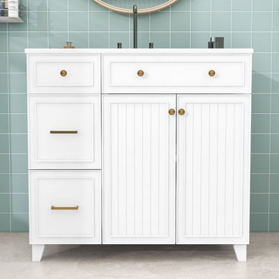 Meuble-lavabo en bois avec lavabo en céramique, tablette de rangement et tiroirs
