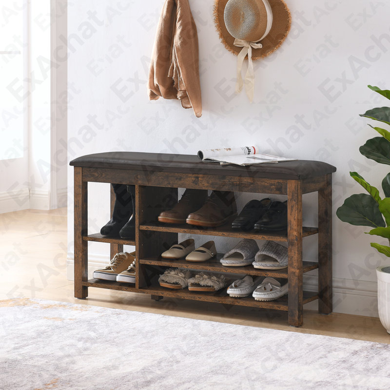 A height-adjustable long shoe-changing bench,made of natural rubberwood,comes with a comfortable seat,concealed storage space and large storage compartments, featuring charcoal-grained wood ,Vintage