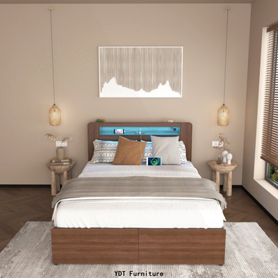 Grand lit plateforme en bois avec tablette et 2 tiroirs de rangement, tête de lit à DEL, brun