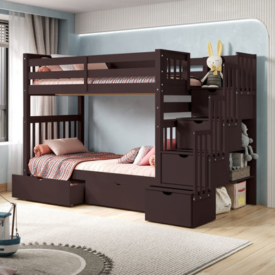 Tena Tall Solid Wood Standard Stairway Bunk Beds Twin over Twin, 4 Drawers in the Steps, 2 Under-Bed Drawers, Dark Cherry