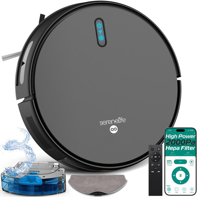 Serenelife Smart Robot Vacuum Cleaner And Mop Combo, 2000Pa Suction, App Control, 4 Cleaning Modes, Anti-Fall Sensors, Self-Charging, Ideal For Pet Hair, Carpet And Hard Floors, Black