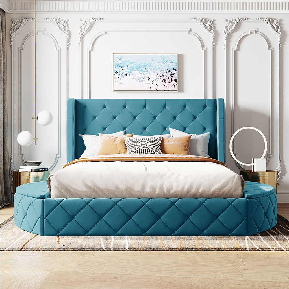  Full Size Bed Frame with Two Nightstands and Storage Bench,  Velvet Upholstered Platform Bed Frame Full with Channel Tufted Headboard, 4  Pieces Bedroom Set for Teens Adults, No Box Spring Needed