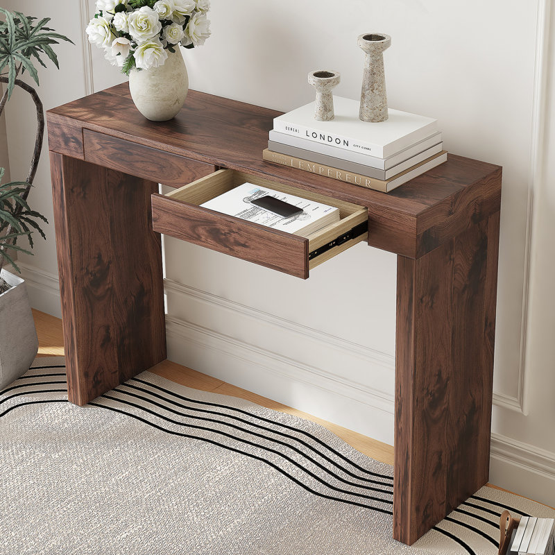 Élégante table de bar en bois de noyer naturel avec tiroirs doubles, idéale pour une décoration moderne et une utilisation multifonctionnelle