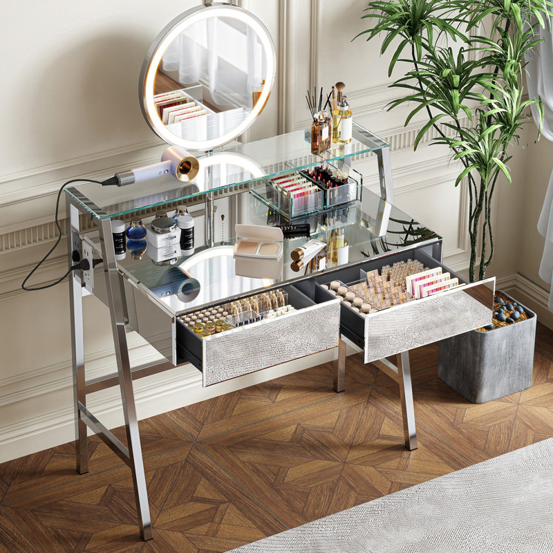 33.9" Mirrored Makeup Vanity Desk With Mirror And Lights, Mirrored Console Vanity Table With 2 Big Drawers & Open Shelf, Dressing Table With Charging Station For Bedroom