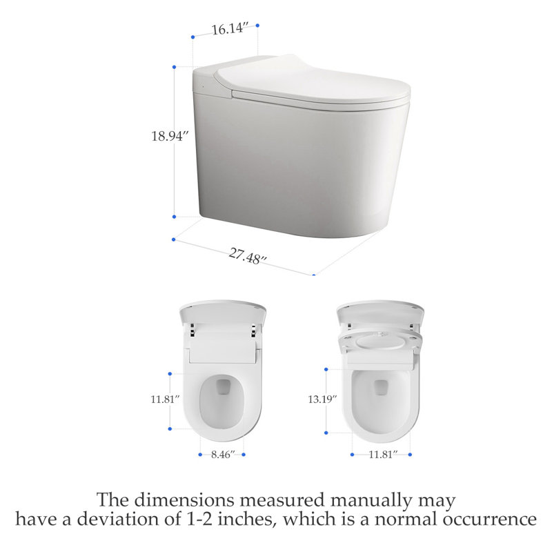 10" Rough-In Non-Electric Household Toilet with Foot Kick Auto Lid, Auto Flush Upon Leaving & Foam Shield, Powered by External Power Bank, No Wall Power Required