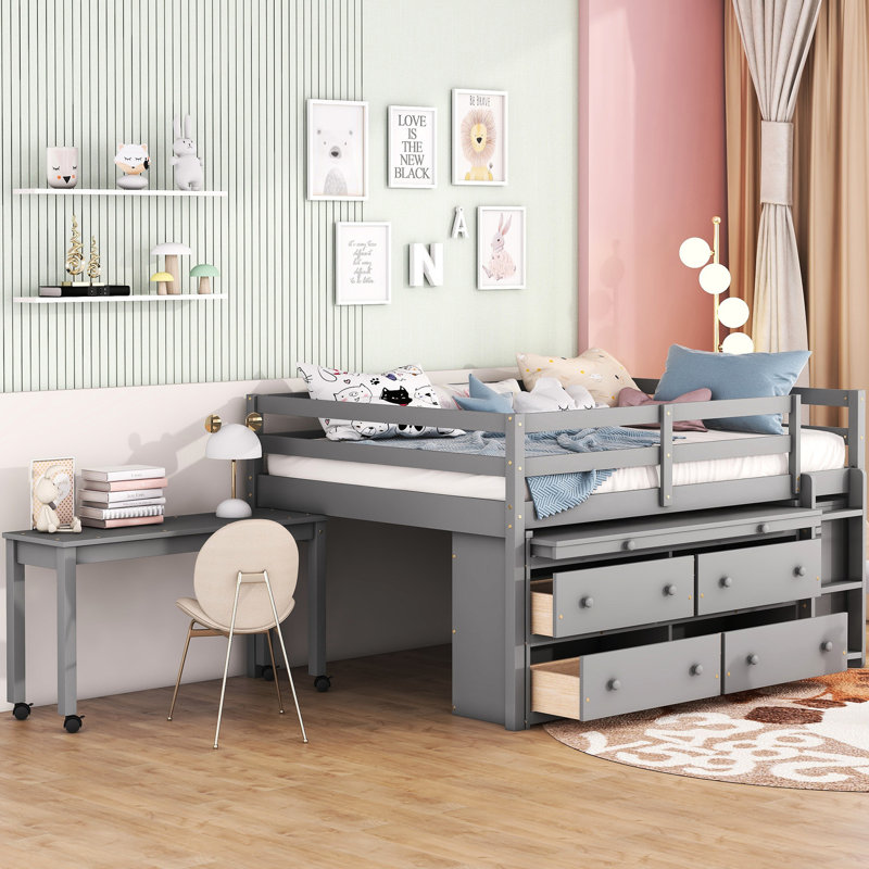 Lit mezzanine en bois massif avec bureau et tiroirs gris - Espace de travail idéal pour les petites chambres, Lit double