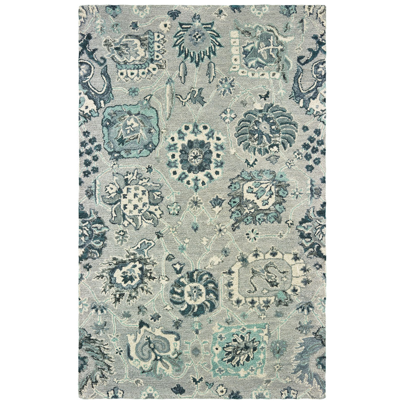 Tapis gris / bleu en laine touffeté à la main Imogene, Rectangle 10 pi x 13 pi