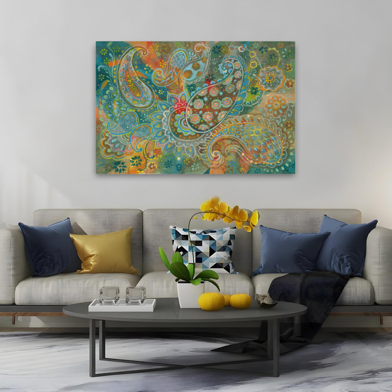 Art floral cachemire bleu et bohémien, H 40 po x l 60 po