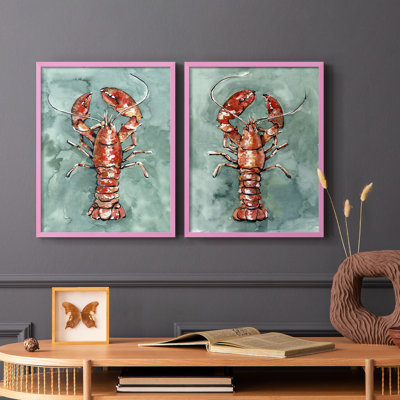 Aquarelle de homard I - impression encadrée de qualité supérieure - prête à être accrochée - aucun clou requis - aucun clou requis