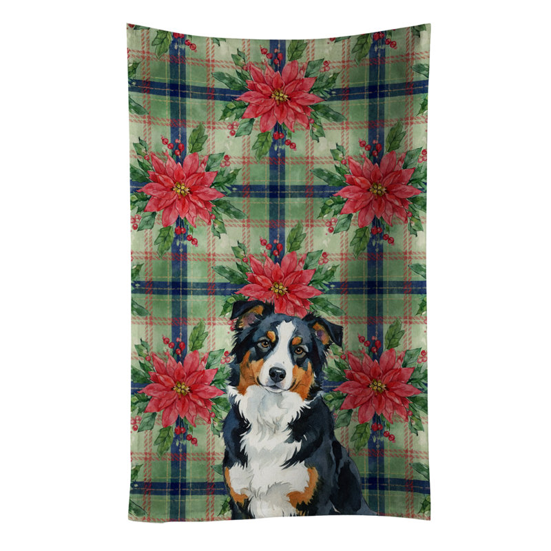 Black Tri American Shepherd Christmas PoinsettIas Kitchen Towel, Black Tri American Shepherd