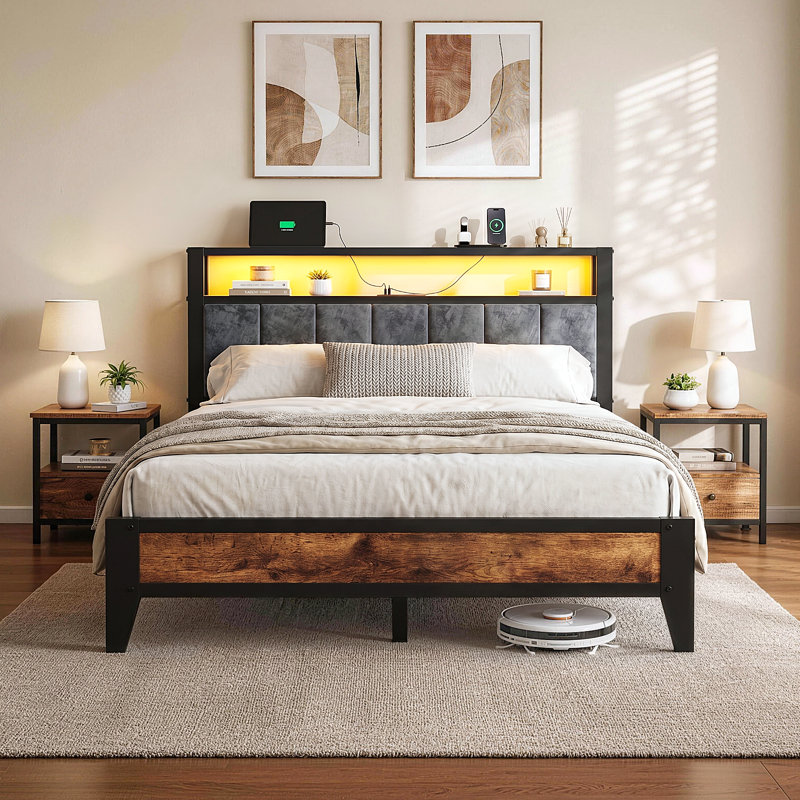 Cradere Full Size Bed Frame with Headboard, Upholstered Platform Bed with Storage Shelves and Charging Station, Full / Double