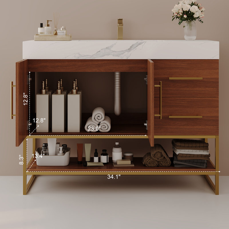 Meuble-lavabo autoportant Modern Modern, Blanc, Or / noyer