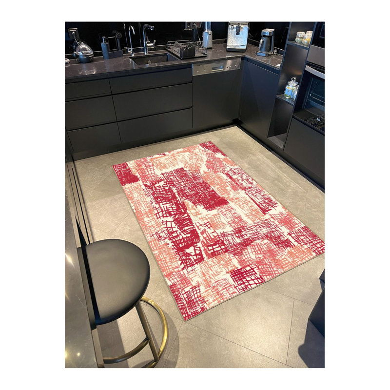 Pink Pastel Painted Patterned Woven Base Machine Washable Rug, Rectangle 3'3" x 4'11" Rug Pad Included