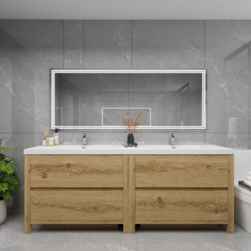 Meuble-lavabo double 83,5 po avec plateau en acrylique Maribell, Bois jaune