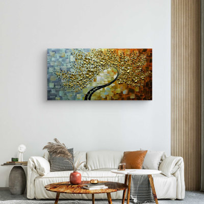 Modern Hand Painted Abstract Lucky Tree Canvas Art Golden Flower 3d Oil Painting Canvas Living Room Bedroom Dining Room Wall Decoration Wood Inside Framed Ready To Hang