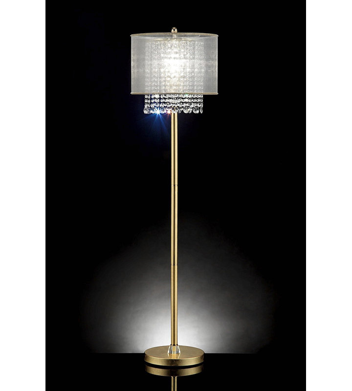Lampe sur pied de 65 po de hauteur «Bhavya» avec finition dorée et accents de cristal, abat-jour blanc