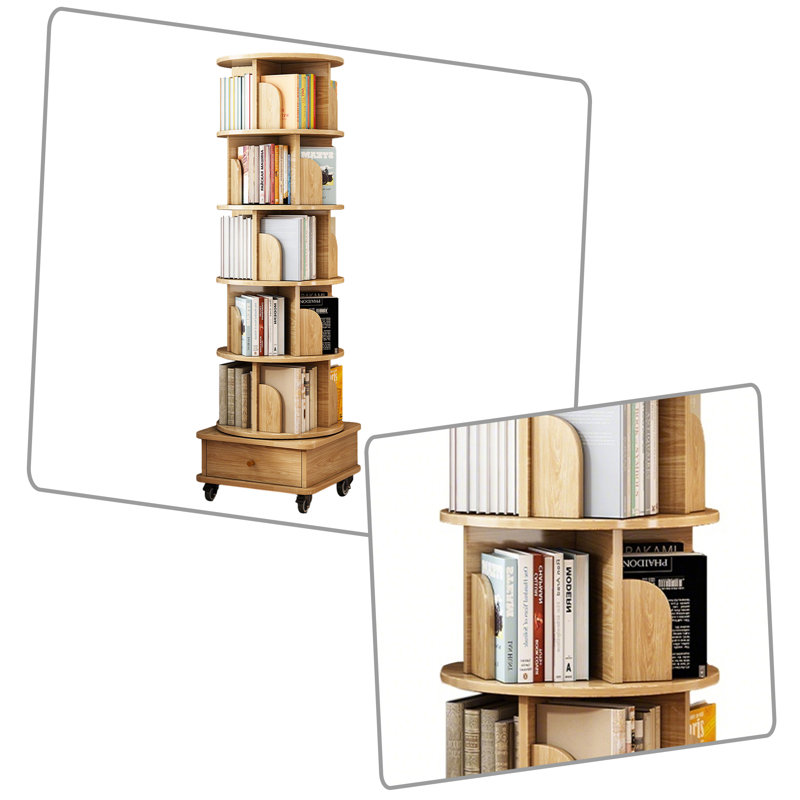 Tall 360° Rotating storage bookcase Bookshelf with Drawer and Locking Wheels for Living Room or Study, Wood