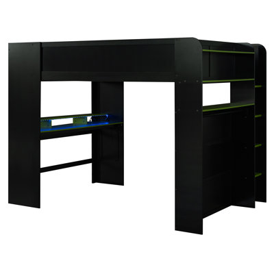 Lit double superposé en bois pleine grandeur avec bureau à hauteur réglable, garde-robe, grand espace de rangement et lumière RVB verte