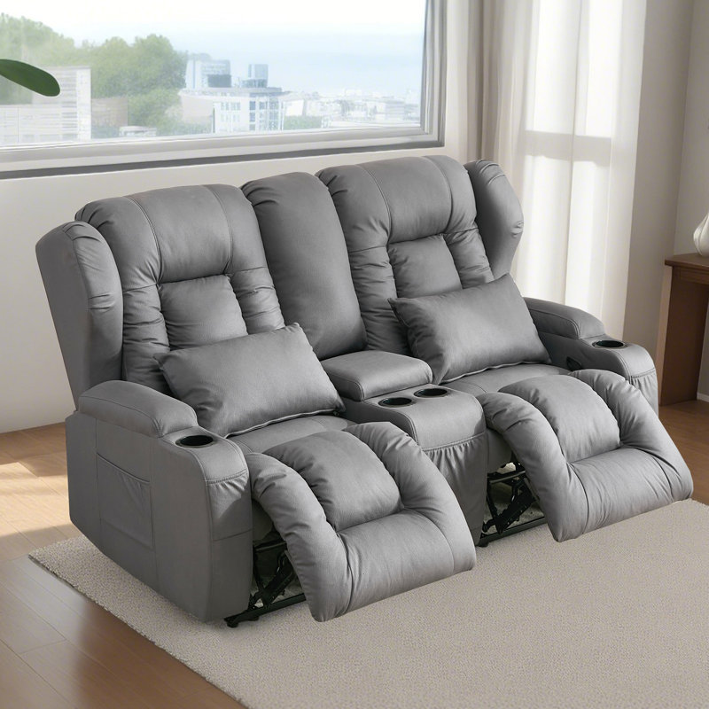 Iyed Faux Leather Home Theater Seating with Cup Holder, Light Gray