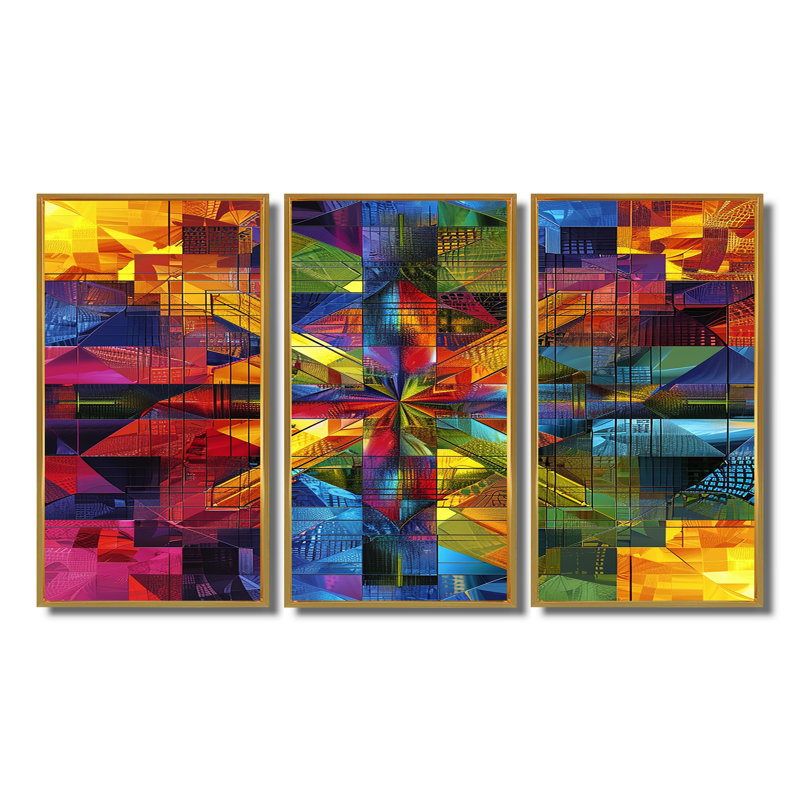 «Rainbow Geometric Colorful Bliss», ensemble d'art mural abstrait, Cadre flottant doré, H 28 po x l 36 po x P 1 po