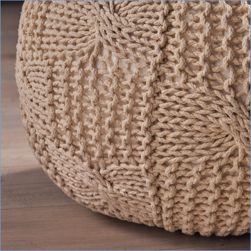 Ottoman Round Knitted Pouf for Living Room, Floor Cushion | Beige | Cotton, Beige