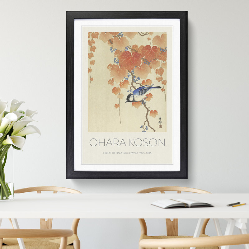 Great Tit On A Paulownia Branch by Ohara Koson - Single Picture Frame Print, 65cm H x 48cm W x 2cm D, Black Framed