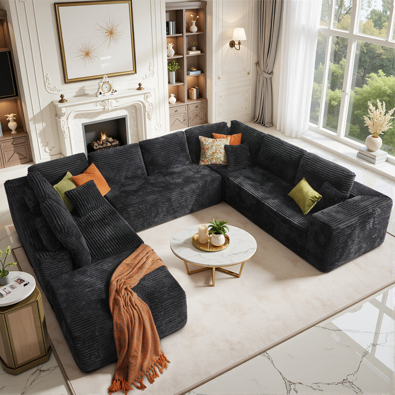 Koyu Boneless Compression Packed 5-Piece Cloudelle Plush Corduroy Fabric Cloud Sectional With U-Shape Chaise,Modern Modular Sofa With Deep Seat, Upholstered Couch For Living Room Bedroom,No Assembly Required