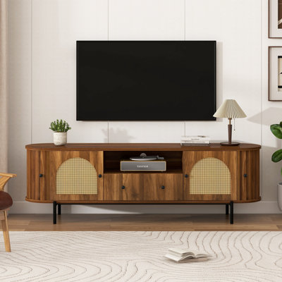 TV Stand with Rattan Arched Doors, Drawers, Hidden Storage, Steel Legs, Rounded Corners
