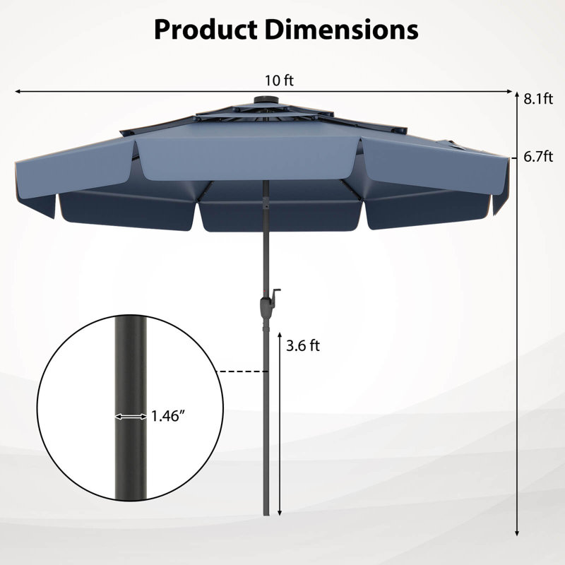 Parasol de patio solaire de 10 pi avec 32 lumières DEL et dessus ventilé à 3 niveaux, Bleu