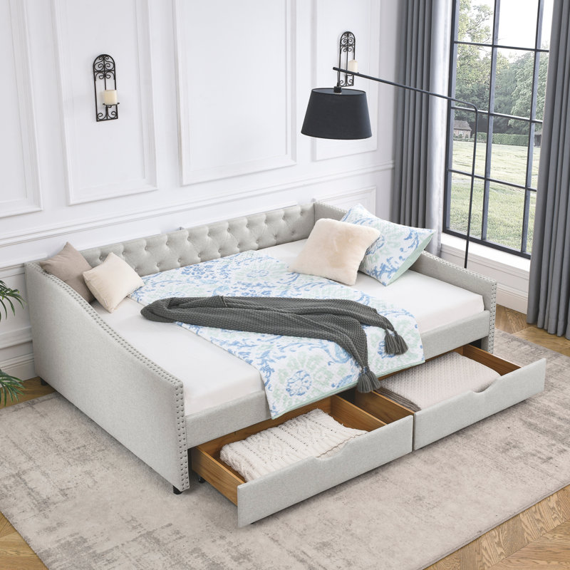 Lit de jour avec tiroirs et canapé capitonné, confortable et élégant avec boutons et têtes de clou en cuivre, Beige, Queen