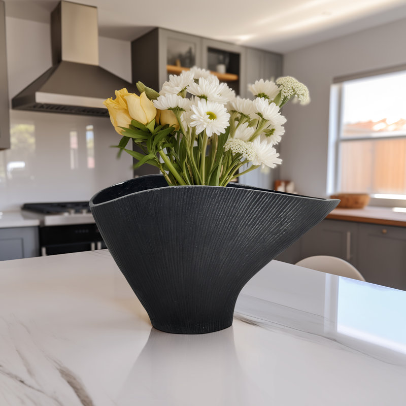 Modern Aluminum Metal Vase with Sculptural Design and Textured Finish, 7" H x 12" W x 3" D