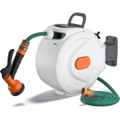 100ft (30M) Retractable Garden Hose Reel with Automatic Rewind, 8-Pattern Spray Nozzle & 180° Swivel Wall Mount, Heavy-Duty Weather-Resistant Case