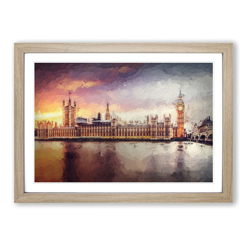 Big Ben And Houses Of Parliament In Abstract - Single Picture Frame Painting, 24cm H x 33cm W x 2cm D, Oak Framed