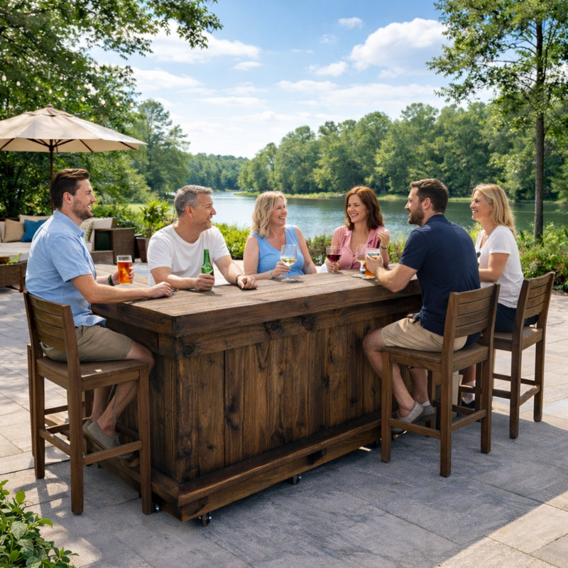 Regulator 8x4 U-Shape Wooden Home Bar with Large Serving Counter, Storage Shelves, and Footrest