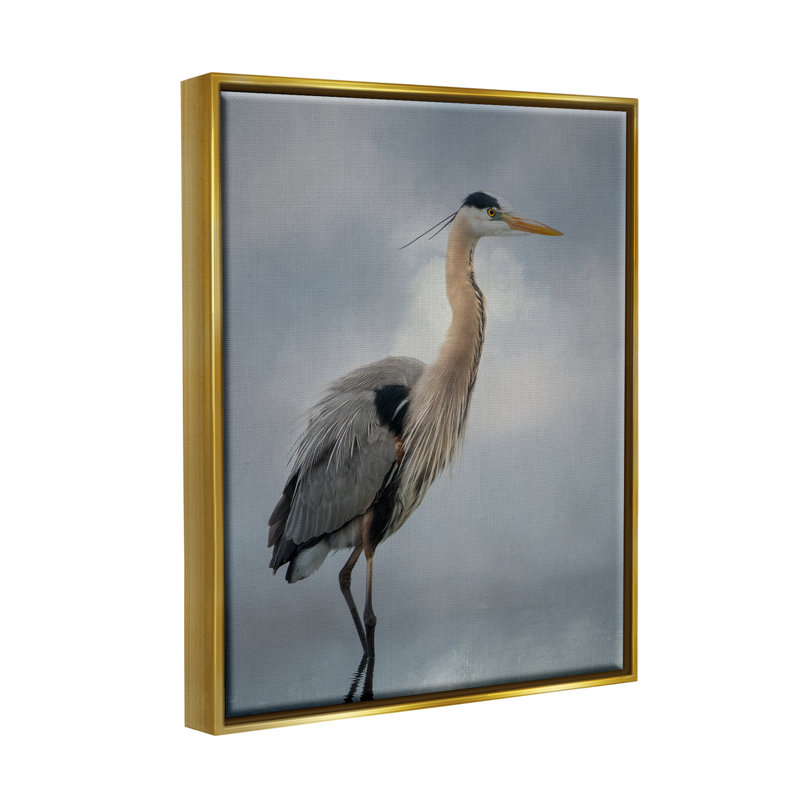 Aigrette perchée, reflet de l'eau - photographie, H 21 po x l 17 po x P 1,7 po, Cadre flottant métallique doré