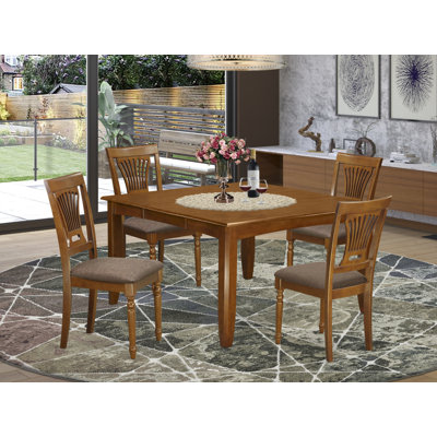 5 Piece Dining Room Table Set Includes a Square Wooden Table with Butterfly Leaf and 4 Linen Fabric Kitchen Dining Chairs, Saddle Brown
